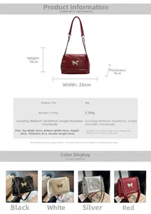 Detailed size chart for silver butterfly tote bag showing 26x18x9cm dimensions and PU material