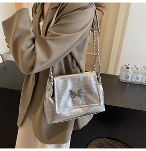Detailed view of silver shoulder bag featuring butterfly logo and metal chain strap