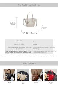 Detailed size parameters and four color options for the mini pearl bow bucket bag