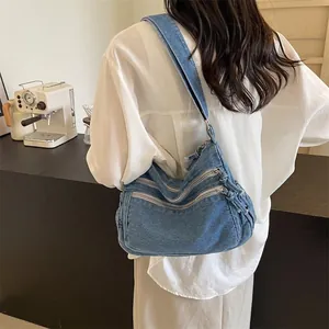 Women Denim Shoulder Bag Multi Pocket Zipper Crossbody Bag Large Capacity Vintage Washed Streetwear Tote Bag Casual Handbag