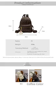 Detailed dimensions and side view of beige and brown embossed leather backpacks