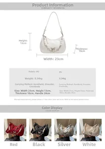 Size chart showing PU leather shoulder bag dimensions with color options and strap details