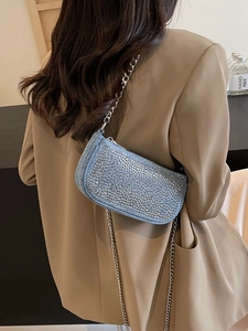 Women Fashion Denim Underarm Bag Rhinestone Rivet Silver Metal Chain Y2K Punk Crossbody Shoulder Bag Small Party Purse