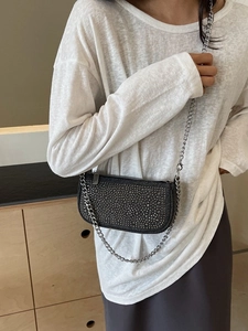 Chic black rhinestone mini shoulder bag with silver chain strap for evening party