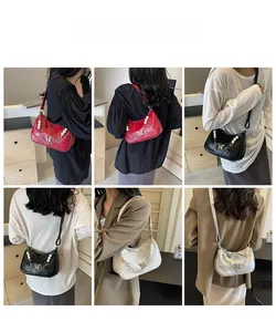 Collage of fashion underarm bags in four colors with pearl and butterfly chains