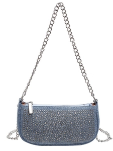 Blue denim baguette bag with silver rivets and chunky chain strap for women
