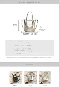Detailed size specifications for women bucket bag with PU leather dimensions and strap length