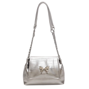 Silver metallic shoulder bag with butterfly clasp and chain strap on white background