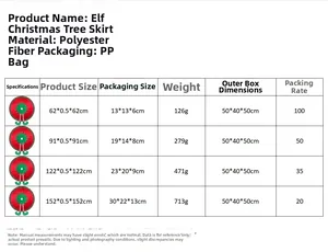 Detailed size chart for red elf Christmas tree skirt showing product dimensions and weight