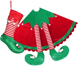 Detail of Christmas tree skirt and stocking set with velvet elf legs and white pom-poms