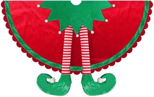 Detail of red and green elf tree skirt showing soft velvet fabric and striped legs