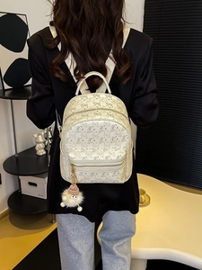 Women Mini Backpack Fashion PU Leather Cartoon Bear Print Casual Travel Daypack With Plush Charm Cute Small School Bag Girls