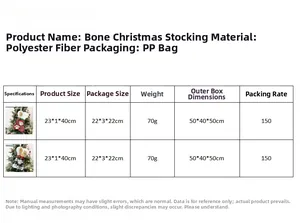 Detailed size chart for bone-shaped Christmas stockings with dimensions and material info