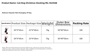 Detailed size chart for cat and dog themed Christmas stockings in polyester fabric