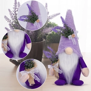 Detailed view of handmade lavender gnome with lace bow and purple plush textures
