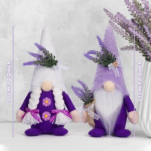 Detail view of 31cm height lavender gnomes with white braids and plush beards