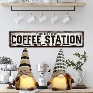 Lighted coffee gnome plush and vintage metal coffee station sign for home bar decor