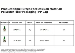 Size chart for green St. Patrick's Day gnome dolls showing 20x8x8cm dimensions and weight