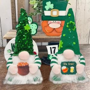 Set of two St. Patrick's Day plush gnomes with green sequin hats and Irish signs