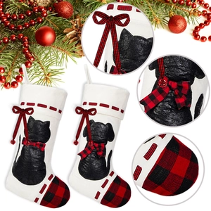 Christmas stocking set with black cat and dog patterns and red buffalo check accents