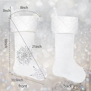 Size chart showing height and width of white leather Christmas stocking with silver snowflakes