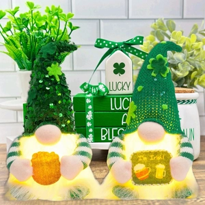 St Patricks Day Luminous Gnome Plush Decorations Shamrock Sequin Irish Dwarf Figurine Lucky Green Pot Of Gold Home Decor
