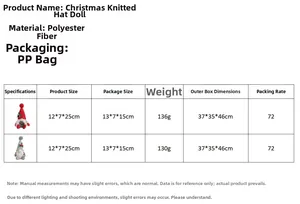 Size chart showing 12x7x25cm dimensions for red and gray knitted Christmas gnomes