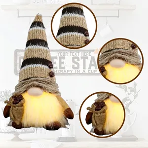 Lighted coffee gnome plush with knitted striped hat and coffee bean bag for home decor