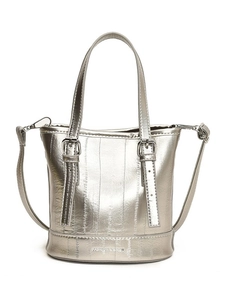Silver metallic leather bucket bag with adjustable straps and top handles on white background