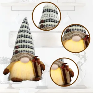 Close-up of glowing coffee gnome with checkered hat and warm yellow LED light effect