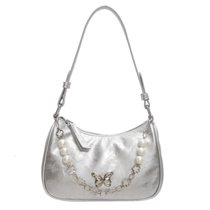 Silver metallic hobo shoulder bag with butterfly buckle and pearl floral chain