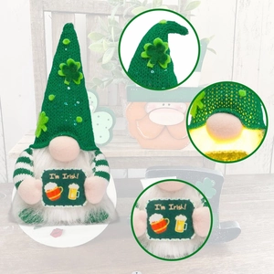 Close-up of lighted St. Patrick's Day gnome with green sequin hat and I'm Irish sign
