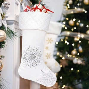 Luxury White Christmas Stocking Silver Sequin Snowflake Quilted Cuff Polyester Holiday Home Decor Hanging Sock Ornament
