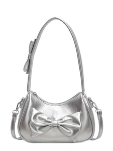 Silver metallic bow underarm bag with a stylish crescent shape for women's fashion