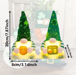 Close-up of glowing St. Patrick's Day gnomes with green sequins and I'm Irish sign