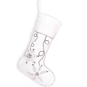 White plush Christmas stocking with silver snowflake embroidery and sequins for decor