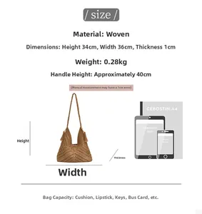 Guide des tailles pour sac fourre-tout tissé avec dimensions et capacité sur fond blanc
