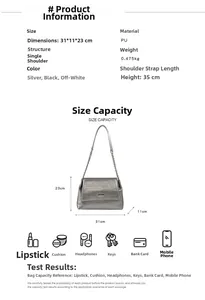 Detailed technical drawing of silver tote bag showing dimensions 31x11x23cm and chain strap