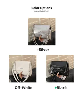 Detailed comparison of chain tote bags in silver, cream white and black finishes