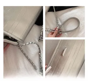 Detailed views of silver metallic tote bag featuring textured fabric and chain strap