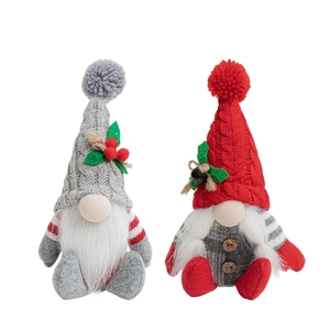 Nordic sitting Christmas gnomes plush set with knitted hats and woodland berry accents