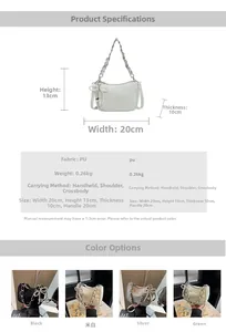 Detailed size chart and multi-color view of a mini PU leather bag with pearl bow