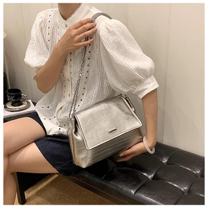Detail of silver chain shoulder bag with horizontal textured surface and metal buckle