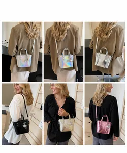 Detailed close-up of stylish mini tote bags in metallic silver and holographic finishes