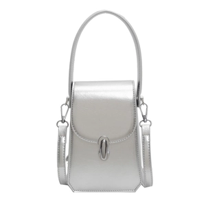 Sac à téléphone argenté métallisé au design géométrique avec poignée et bandoulière