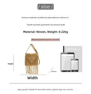 Size guide for beige woven crossbody bag showing dimensions and capacity details