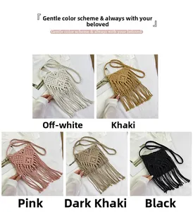 Detail display of handmade fringe beach bags in five colors with woven diamond patterns