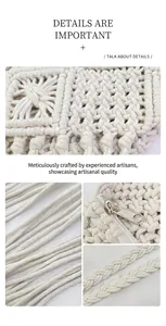 Macro detail of bohemian macrame woven bag showing fringe, zipper, and intricate knotting