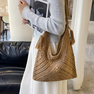 Sac Cabas Tissé pour Femmes Sac à Épaule Ajouré au Crochet pour Vacances à la Plage avec Gland Grand Sac Style Bohème
