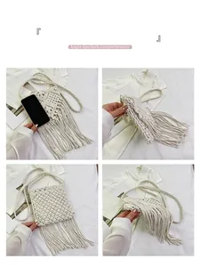 Detailed views of white bohemian woven tassel bag with smartphone size reference